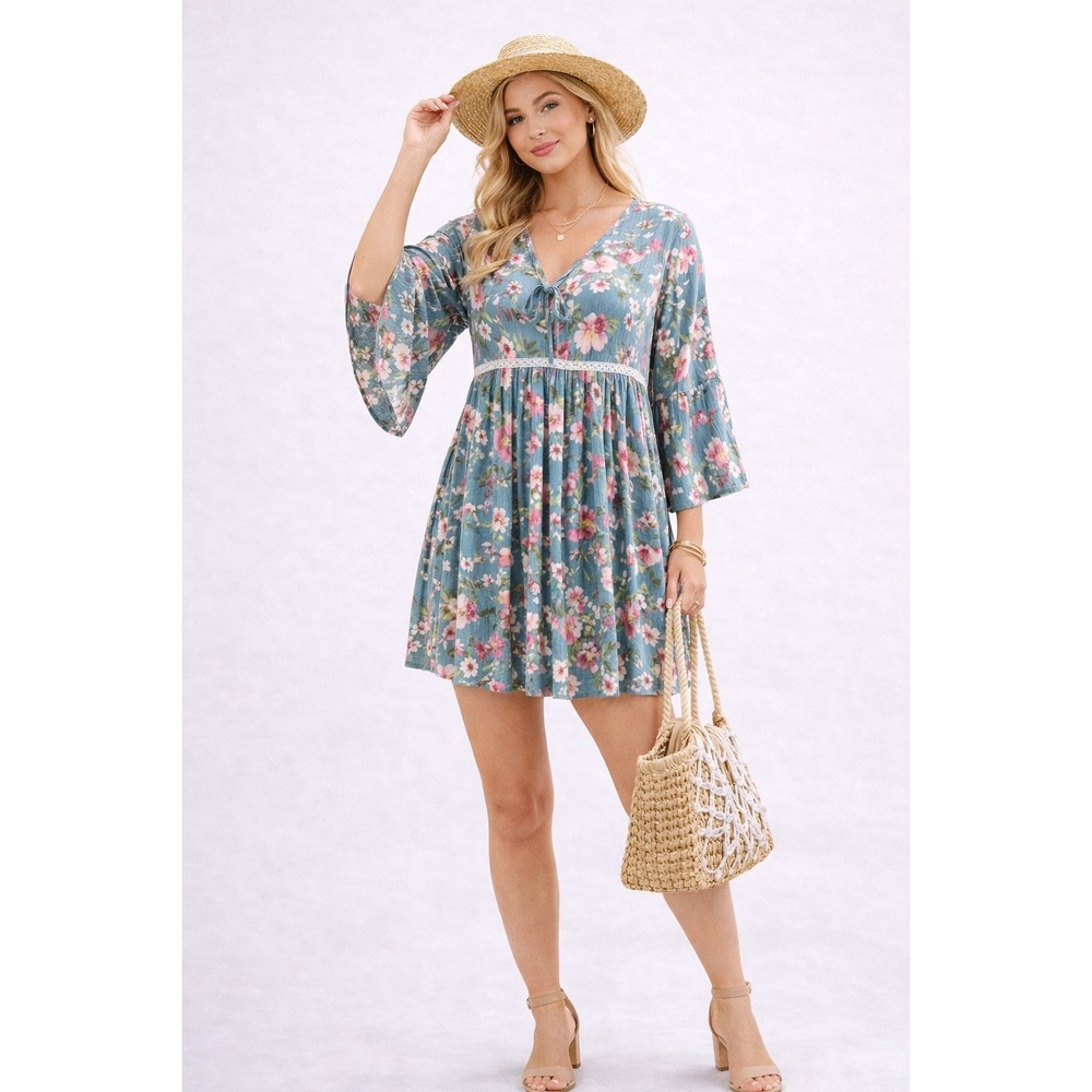 Umgee Floral Babydoll Dress M Blue Pink Green Boho Cottagecore Lace Trim